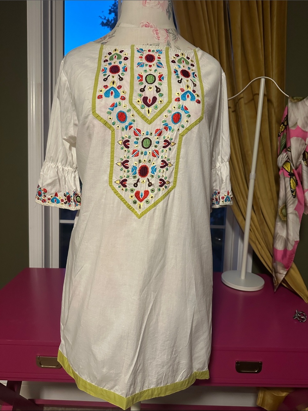 White Embroidered Mini Dress with Multicolor Detail